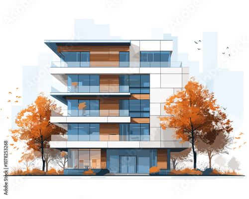 Tall building with a glass facade and a tree in front of it. The building has a modern design and he is a residential or commercial building