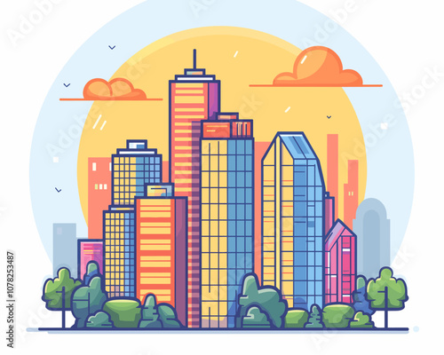 City skyline with a large sun in the background. The sun is orange and the sky is cloudy. The buildings are tall and the trees are green