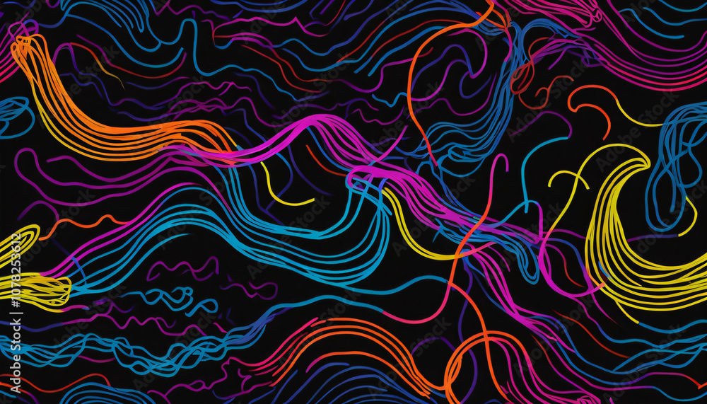 Obraz premium Vibrant, neon squiggles layered on top of each other on a black background, reminiscent of neon lights in the dark