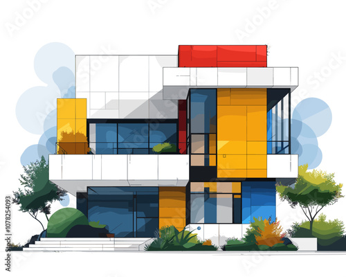 Large yellow and blue house with a red trim. The house has a lot of windows and a balcony