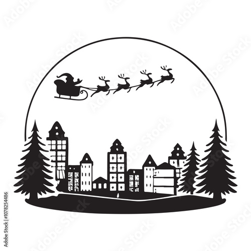 Black Christmas Landscape with Village and Santa’s Sleigh Silhouette.