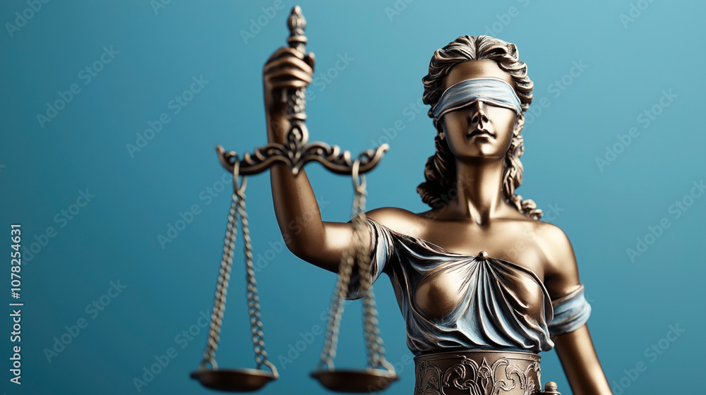 Bronze statue of Lady Justice with blindfold and scales against blue background symbolizing impartiality and fairness in law and justice. Bronze statue of Lady Justice with blindfold and scales against blue background symbolizing impartiality and fairness in law and justice.