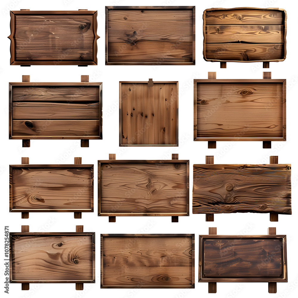 Rustic Wooden Signs with a Distressed Finish Isolated on a Transparent Background. Rustic Wooden Signs with a Distressed Finish Isolated on a Transparent Background.