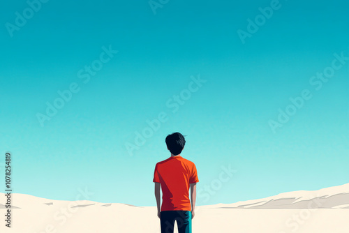 A man in an orange shirt stands in front of a blue sky