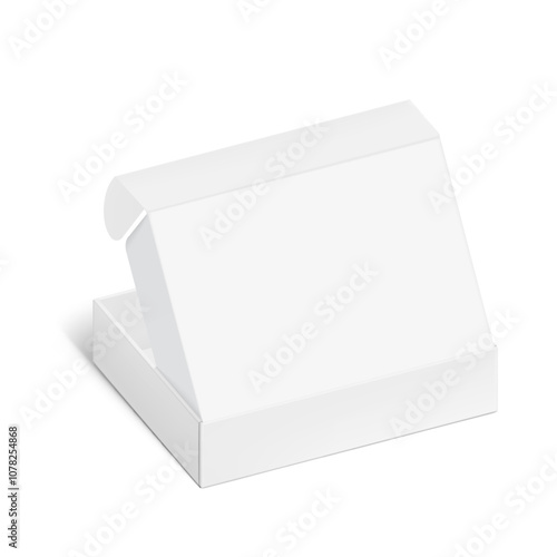 Realistic four flap open white mailing box mockup. Half side view. Ready for presentation your product. Vector illustration isolated on white background. EPS10.