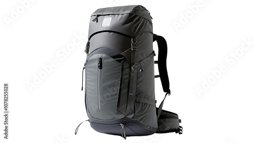 Black nylon rucksack isolated on white background, perfect for travel or hiking adventures