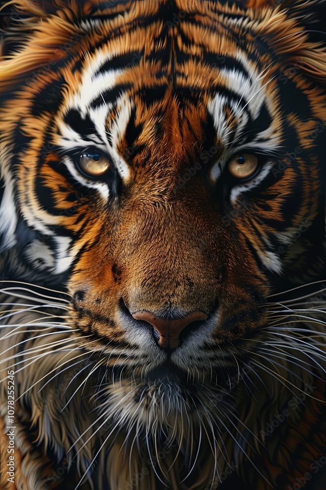 Close-up of a fierce Bengal tiger showcasing vibrant orange and black fur, intense gaze, and intricate facial details against a dark background. Close-up of a fierce Bengal tiger showcasing vibrant orange and black fur, intense gaze, and intricate facial details against a dark background.