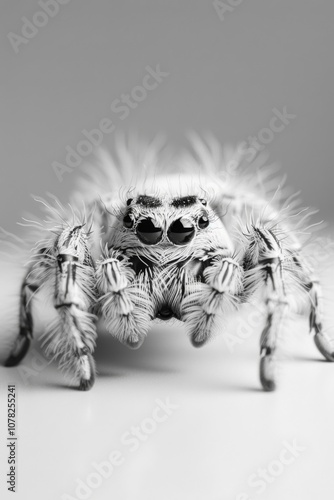 Close-Up of a Fluffy White Spider with Prominent Eyes, Captured in Black and White, Showcasing Detailed Textures and Intricate Features.