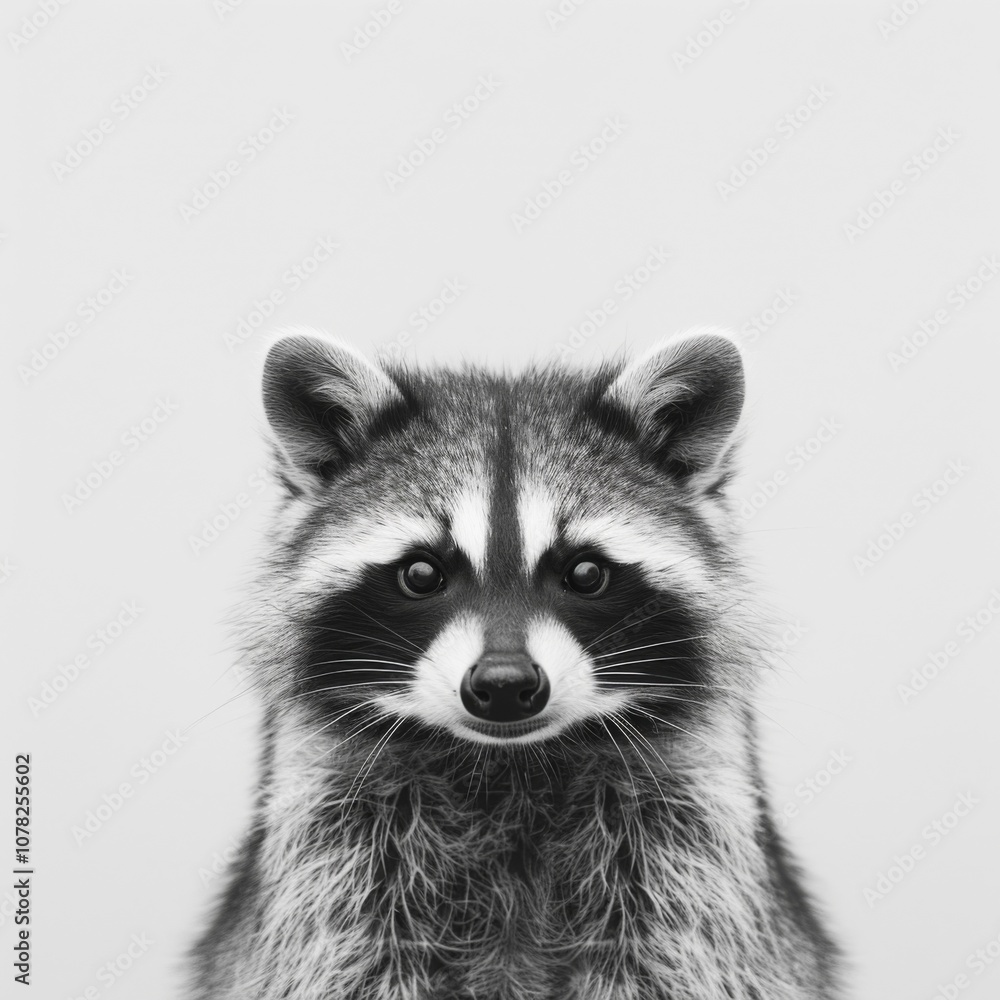 Close-up Portrait of a Curious Raccoon with Distinctive Facial Markings Against a Minimalist White Background Close-up Portrait of a Curious Raccoon with Distinctive Facial Markings Against a Minimalist White Background