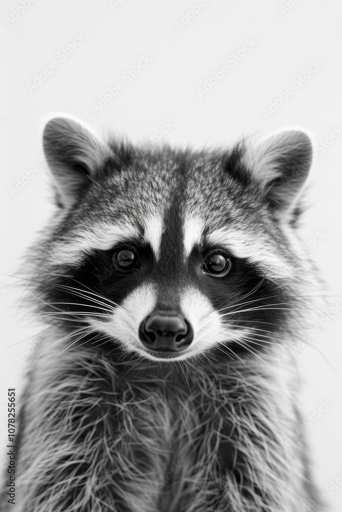 Obraz premium Close-Up Portrait of a Raccoon in Black and White, Showcasing Its Distinctive Facial Markings and Expressive Eyes Against a Minimalistic Background