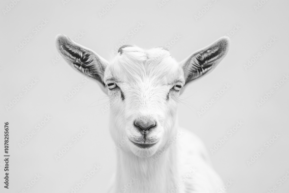 Close-Up Portrait of a White Goat with Expressive Eyes Against a Minimalist Background, Capturing the Playful Charm of Farm Life Close-Up Portrait of a White Goat with Expressive Eyes Against a Minimalist Background, Capturing the Playful Charm of Farm Life