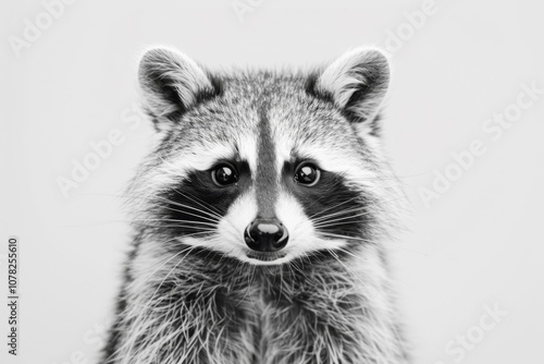 Close-Up Portrait of a Raccoon Against a White Background, Showcasing Its Distinctive Mask-Like Face and Expressive Eyes in Elegant Black and White.