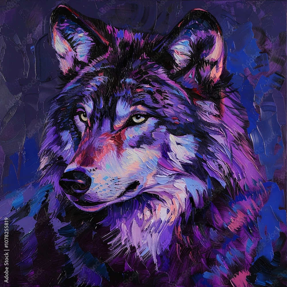 Naklejka premium Colorful Artistic Portrait of a Majestic Wolf with Vivid Purple and Blue Hues, Capturing the Spirit of Nature and Wildlife in a Contemporary Style