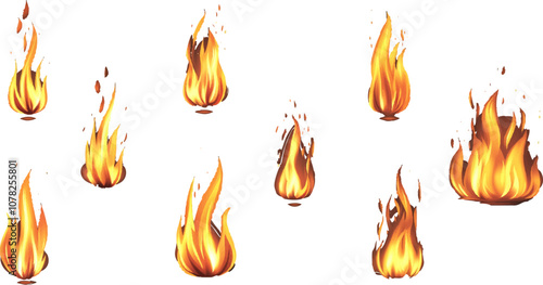 Vector illustration of flames in various shapes and sizes. placed on a white background
