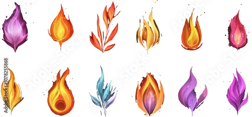 Vector illustration of flames in various shapes and sizes. placed on a white background
