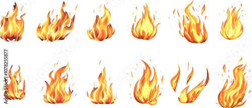 Vector illustration of flames in various shapes and sizes. placed on a white background
