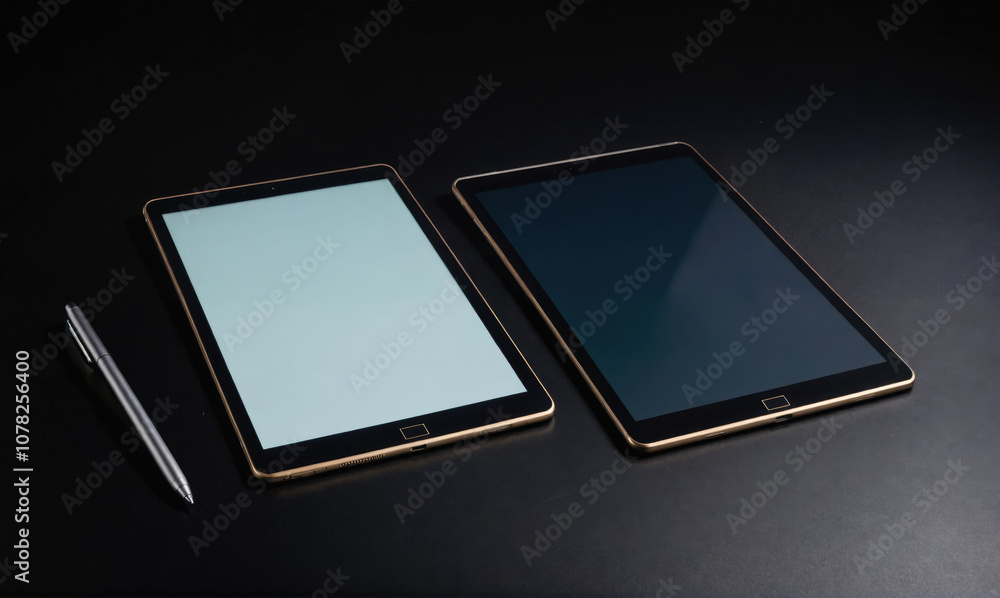 Two black tablets lay on a dark surface with a silver stylus nearby Two black tablets lay on a dark surface with a silver stylus nearby