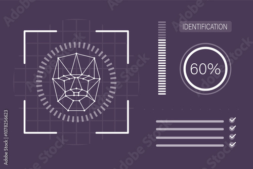 Biometric verification. Face identification system, scanning human face. User access control, loading bar, modern technology. Face recognition. Horizontal banner, template