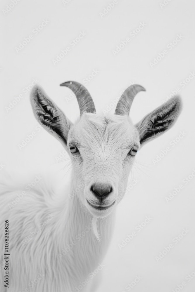 Elegant White Goat Portrait Against a Soft White Background, Capturing Its Playful Expression and Detailed Features in Black and White Photography. Elegant White Goat Portrait Against a Soft White Background, Capturing Its Playful Expression and Detailed Features in Black and White Photography.