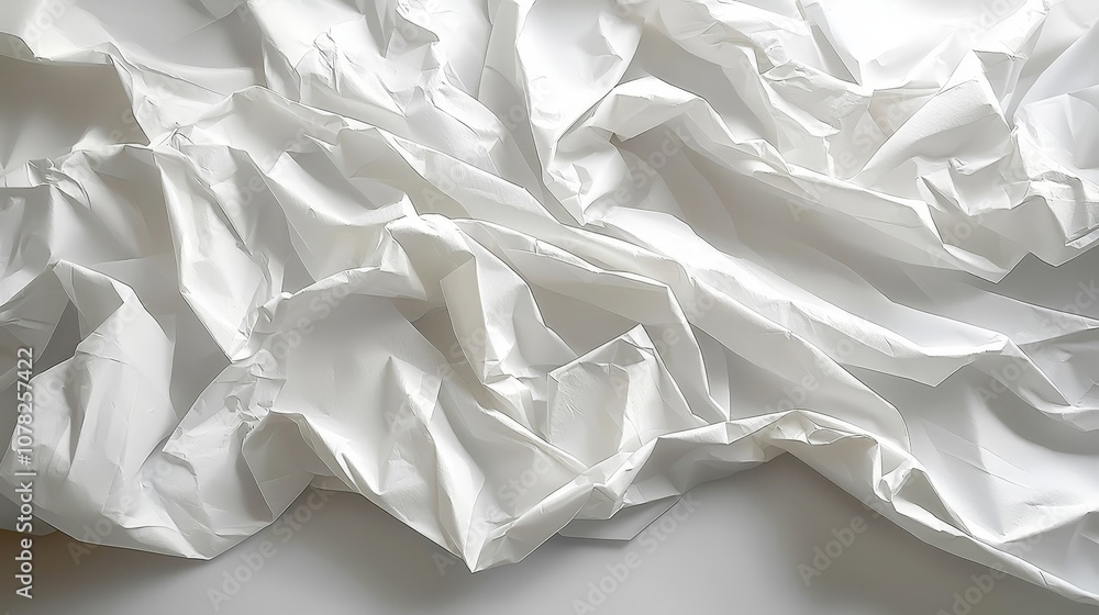 A close-up view of crumpled white plastic, creating a textured, abstract surface. A close-up view of crumpled white plastic, creating a textured, abstract surface.