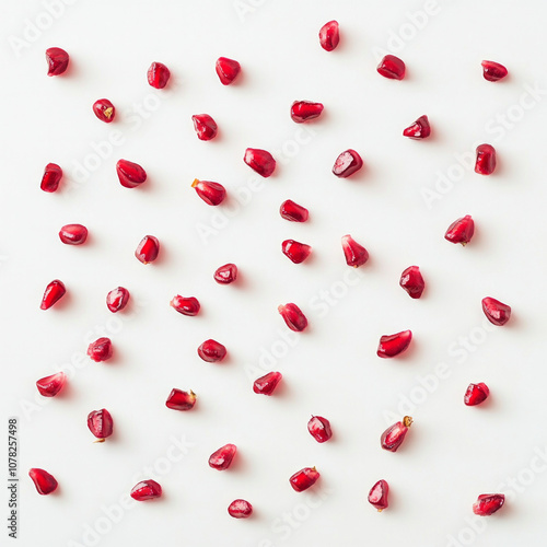 Isolated red pomegranate seeds on white background. AI generative.