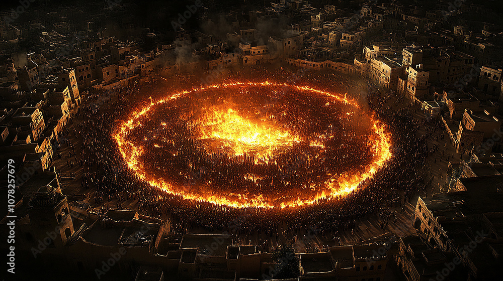 A large crowd surrounds a burning circle of fire, seen from above at night in a fictional town. A large crowd surrounds a burning circle of fire, seen from above at night in a fictional town.