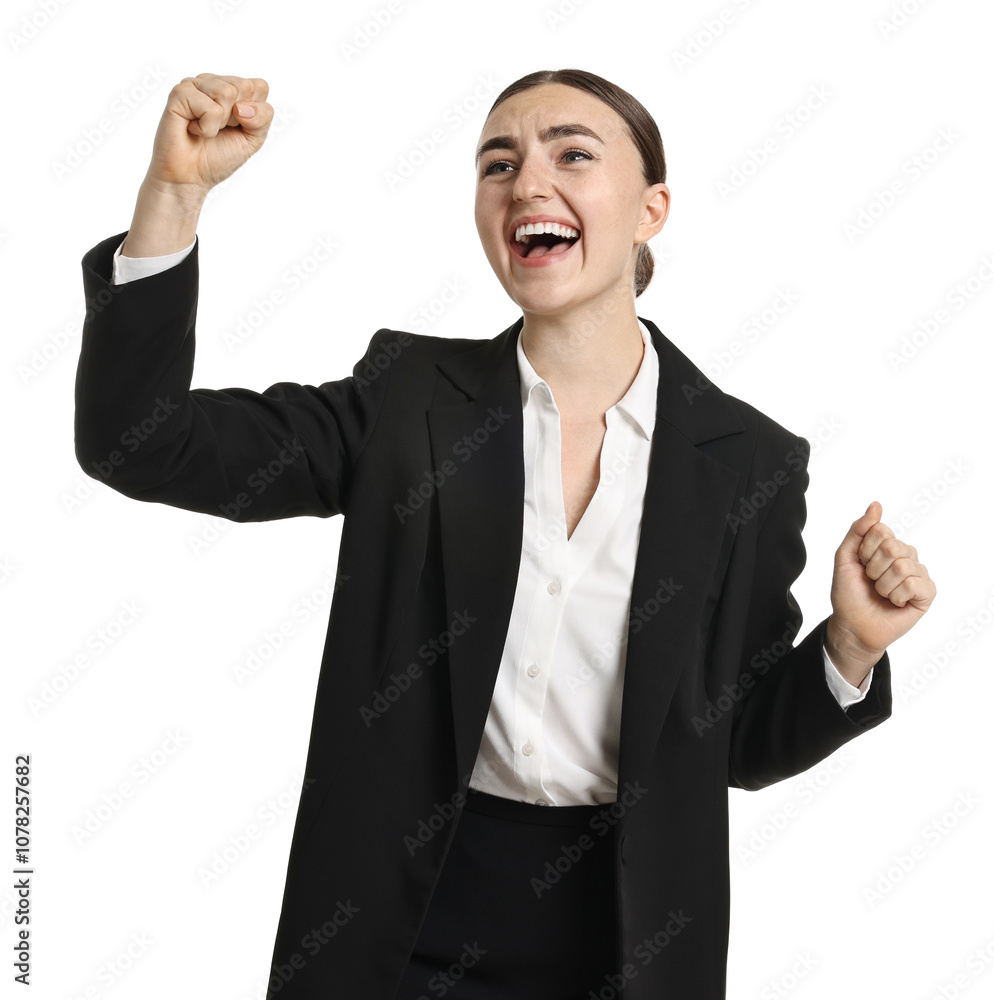 Young businesswoman in suit running on white background