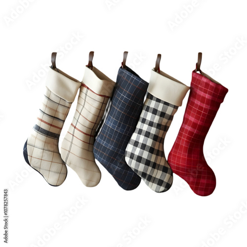 Red and green Christmas stockings hanging from a wooden bar isolated on transparent background. png.  photo