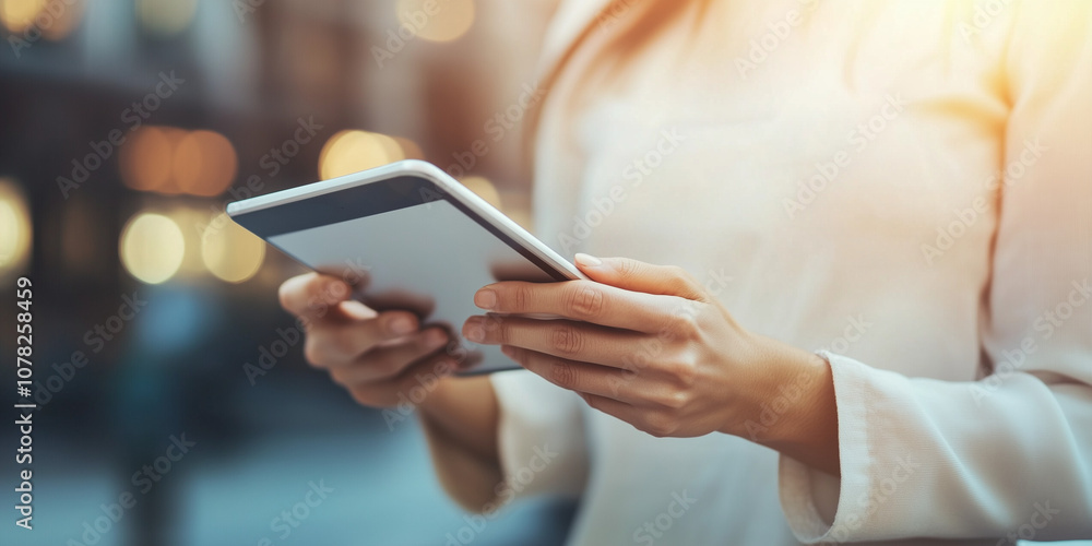 picture of young indian, arabic or middle eastern israel businesswoman holding a tablet. digital computer.. woman using tablet pc application for online remote work at office business building outdoor picture of young indian, arabic or middle eastern israel businesswoman holding a tablet. digital computer.. woman using tablet pc application for online remote work at office business building outdoor