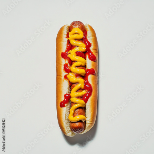 Hot dog with mustard sauce and ketchup on white background. AI generative. photo