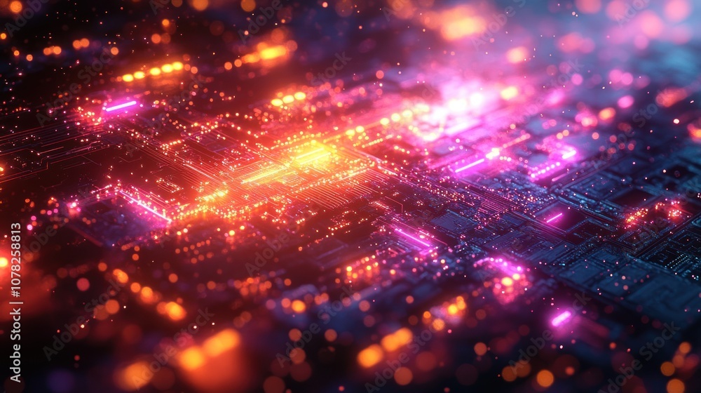 Abstract digital landscape with glowing circuits and vibrant colors. Abstract digital landscape with glowing circuits and vibrant colors.