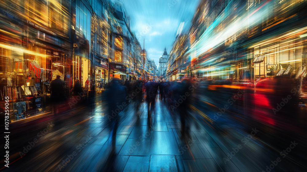 Motion blurred view of busy shopping street in London with pedestrians and vibrant storefronts Motion blurred view of busy shopping street in London with pedestrians and vibrant storefronts