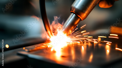 Welder creates sparks while joining metal parts