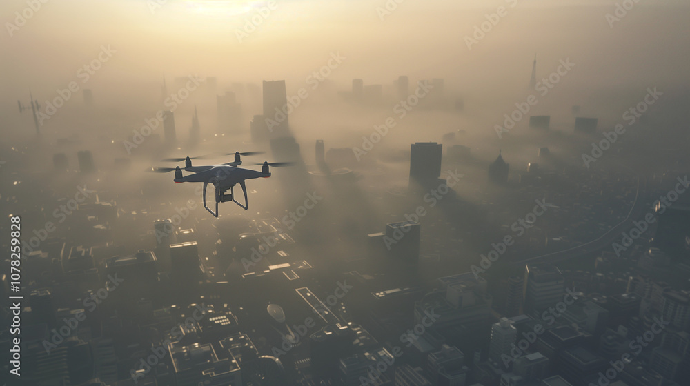 Aerial view of city skyline with drone casting shadow over buildings, empty streets symbolizing state of alert. Aerial view of city skyline with drone casting shadow over buildings, empty streets symbolizing state of alert.