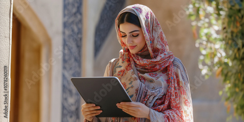picture of young indian, arabic or middle eastern israel businesswoman holding a tablet. digital computer.. woman using tablet pc application for online remote work at office business building outdoor