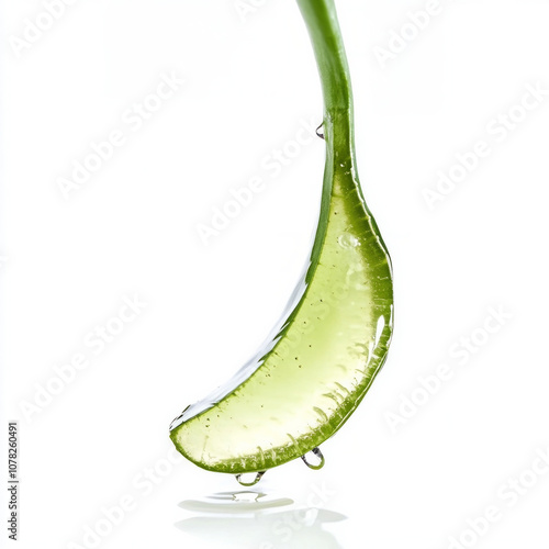 Aloe gel dropping from fresh cut aloe vera leaf, healing power. AI generative photo