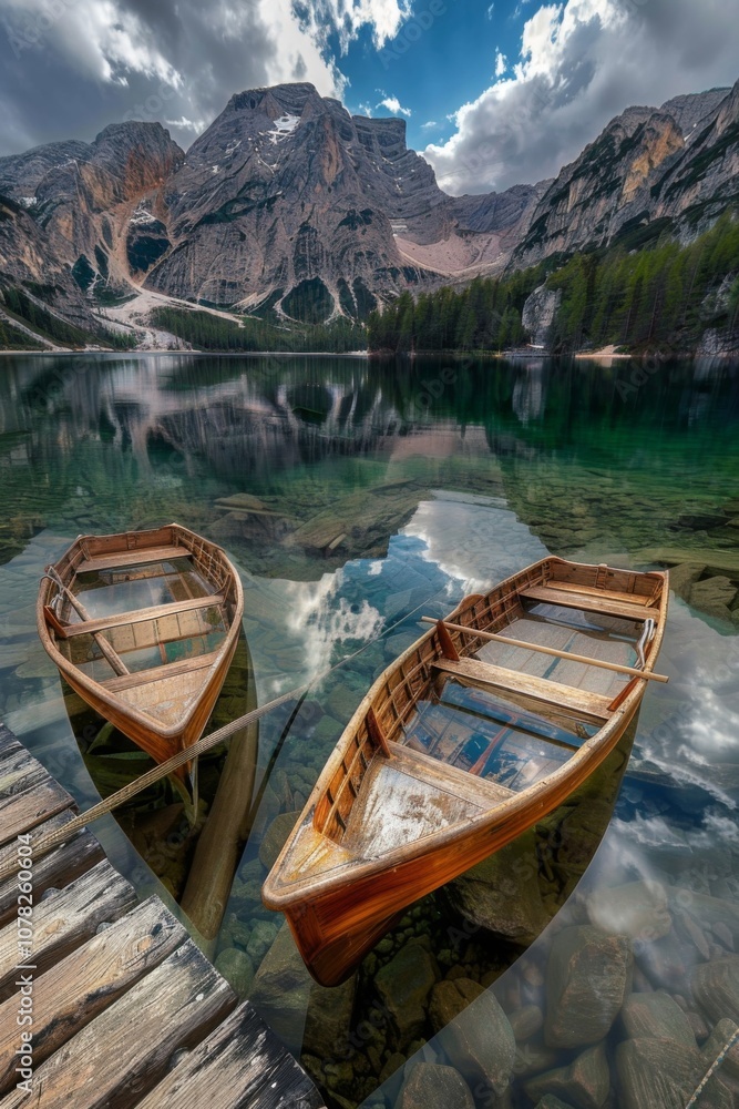 Tranquil Alpine Lake Scene: Two Wooden Boats Moored on Crystal Clear Water Surrounded by Majestic Mountains and Lush Green Forests Under a Dramatic Sky. Tranquil Alpine Lake Scene: Two Wooden Boats Moored on Crystal Clear Water Surrounded by Majestic Mountains and Lush Green Forests Under a Dramatic Sky.