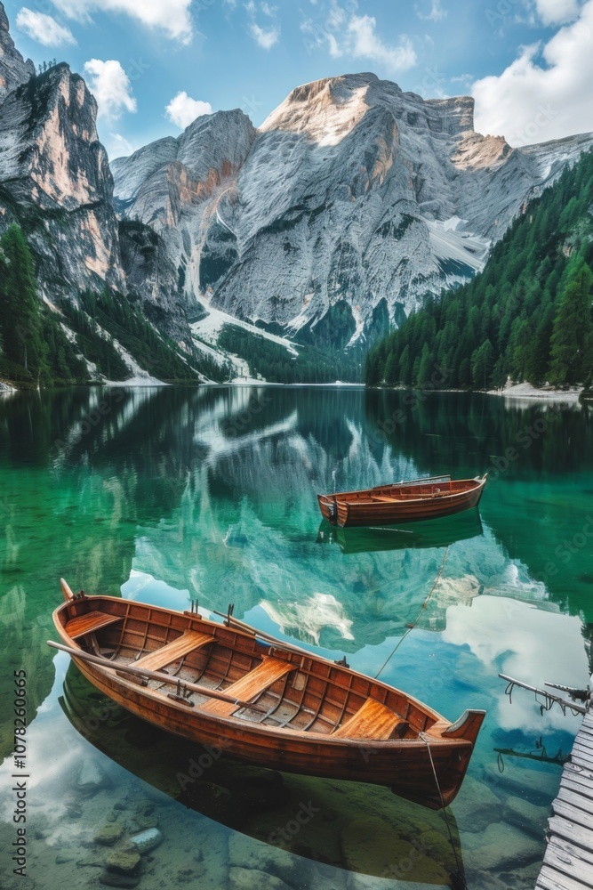 Tranquil Alpine Lake Surrounded by Majestic Mountains, Featuring Two Wooden Rowboats Reflecting on Crystal Clear Waters, Perfect for Nature and Travel Themes. Tranquil Alpine Lake Surrounded by Majestic Mountains, Featuring Two Wooden Rowboats Reflecting on Crystal Clear Waters, Perfect for Nature and Travel Themes.