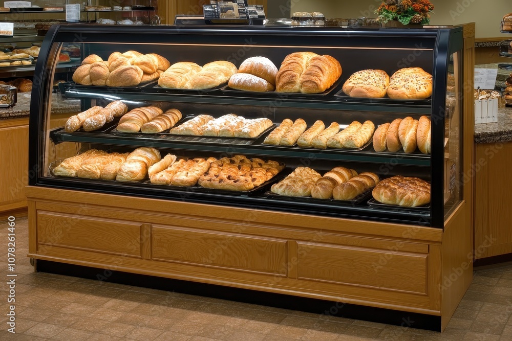 Assortment of breads and pastries in a bakery showcase Assortment of breads and pastries in a bakery showcase