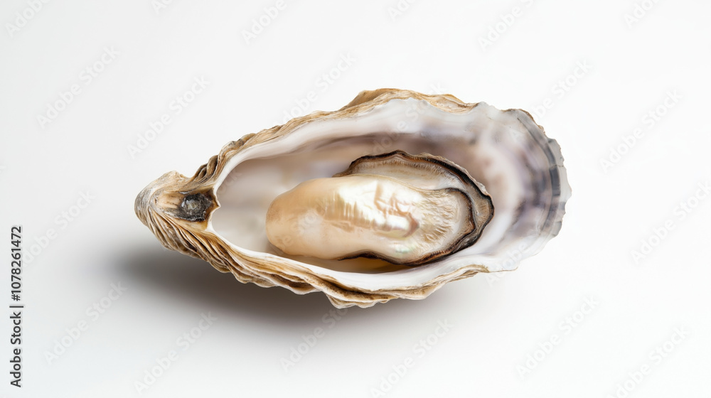 Naklejka premium Close-up view of an open oyster shell with a shiny pearl inside on a white background.
