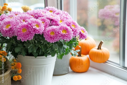 Attractive chrysanthemums and pumpkins on an indoor windowsill