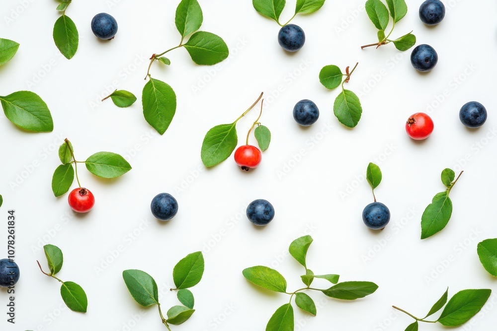 Berries and leaves on a white backdrop Berries and leaves on a white backdrop