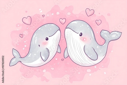 Cute Illustrated Whales with Hearts on a Soft Pink Background Perfect for Children's Decor, Greeting Cards, or Fun Underwater Themes, Ideal for Lovers of Marine Life photo