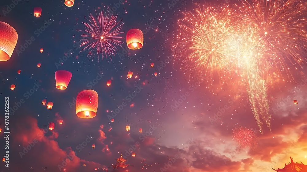 Obraz premium Magical anime sky with floating lanterns and colorful fireworks
