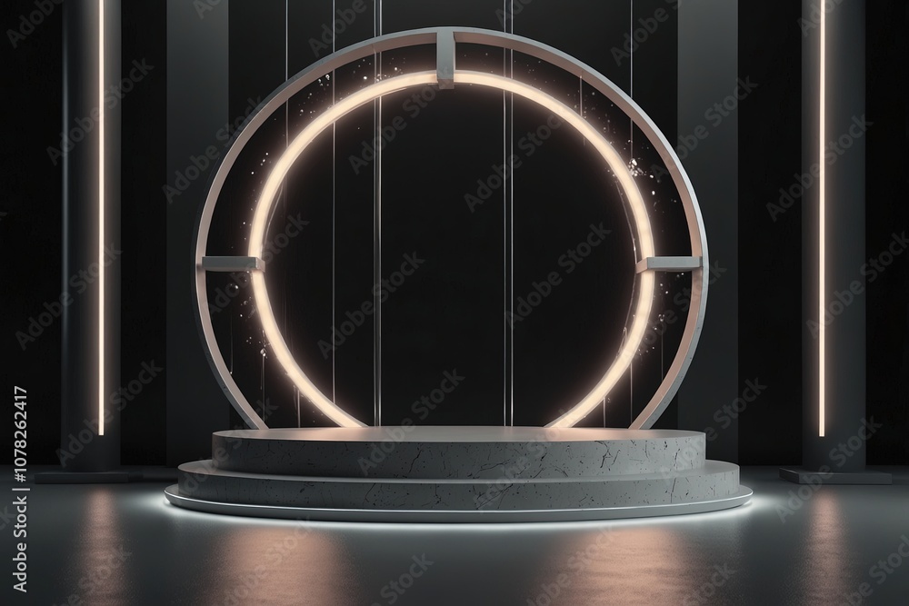 3d podium with round lights and gate futuristic 3d podium with round lights and gate futuristic