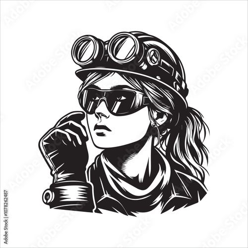 Confident Female Worker Adjusts Safety Goggles. Black and white illustration of a woman wearing a headlamp, safety goggles, gloves, and a bandana.