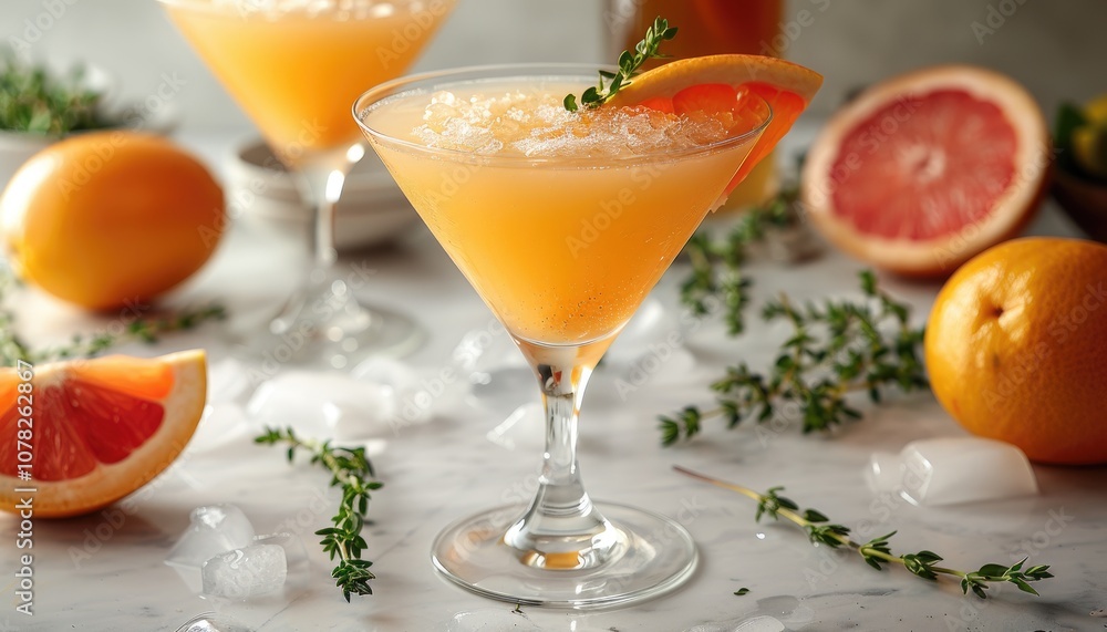 A refreshing grapefruit cocktail with thyme garnish in a martini glass A refreshing grapefruit cocktail with thyme garnish in a martini glass
