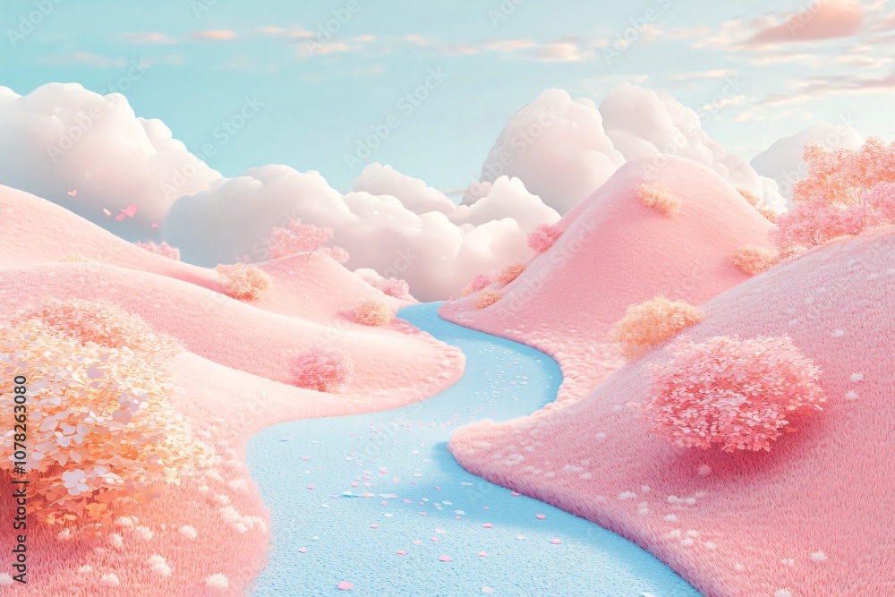 Fototapeta premium Surreal Dreamy Landscape with Soft Pink Hills, Delicate Trees, and Flowing Blue Stream Under Bright Sky with Clouds and Gentle Lighting