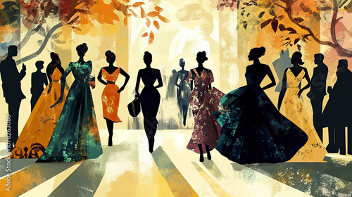 Elegant fashion runway illustration with models showcasing haute couture