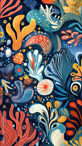 Colorful abstract patterns inspired by beach flora and fauna, featuring vibrant shapes and lively